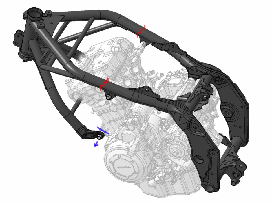 Chasis de la Honda CB500X con los daños que puede sufrir.